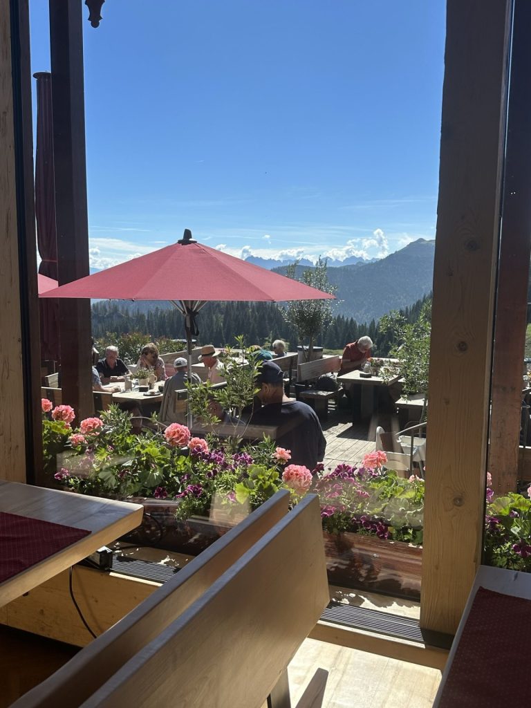 Restaurant SonnenAlm. Blick aus dem Fenster auf die Terrasse