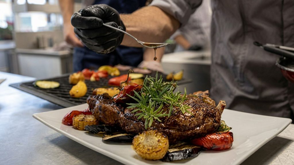Teller mit Steck, Gemüse und Rosmarin. Hand träufelt Soße über das Fleisch